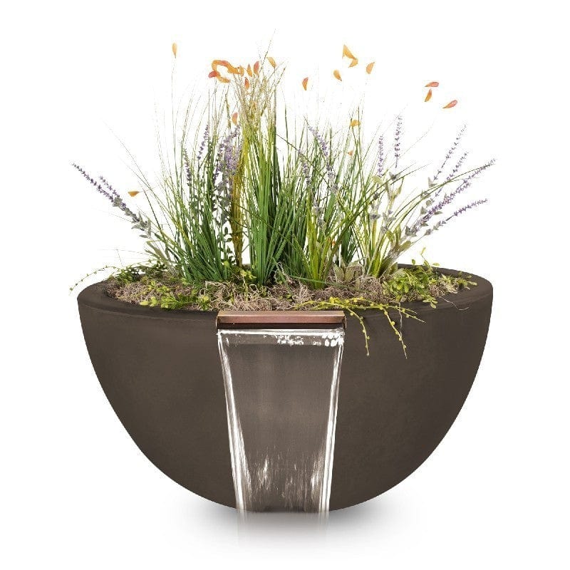 The Outdoor Plus Luna Planter and Water Bowl Chocolate Finish with White Background