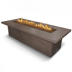 The Outdoor Plus Newport Fire Table Chocolate Finish with Yellow Flames in White Background