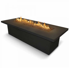 The Outdoor Plus Newport Fire Table Black Finish with Yellow Flames in White Background