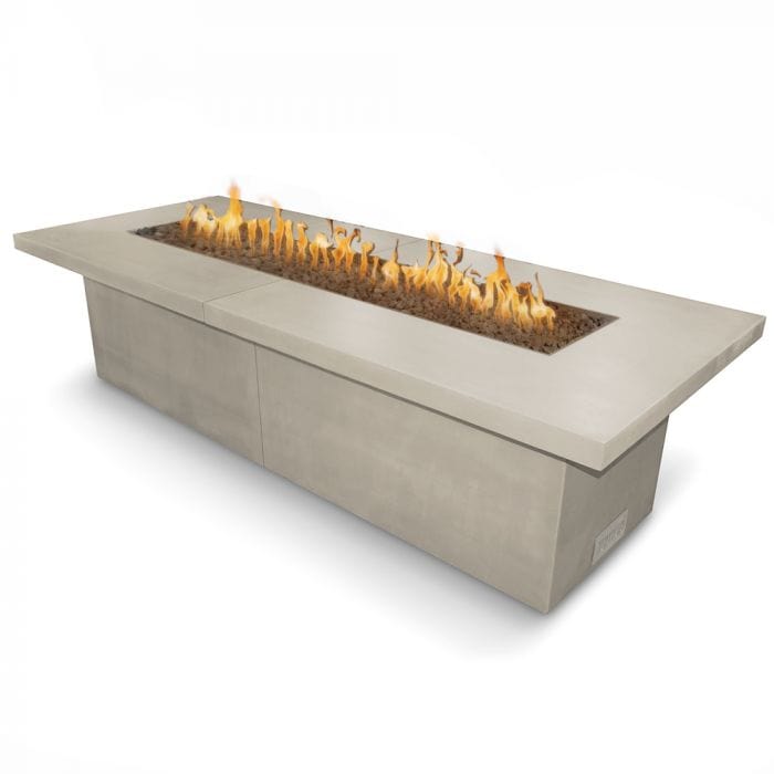 The Outdoor Plus Newport Fire Table Vanilla Finish with Yellow Flames in White Background
