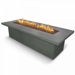The Outdoor Plus Newport Fire Table Ash Finish with Yellow Flames in White Background