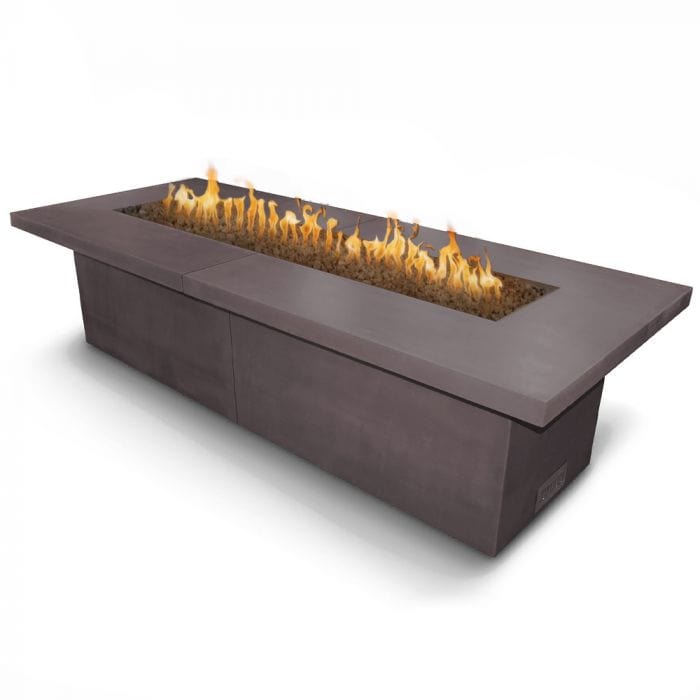 The Outdoor Plus Newport Fire Table Chestnut Finish with Yellow Flames in White Background
