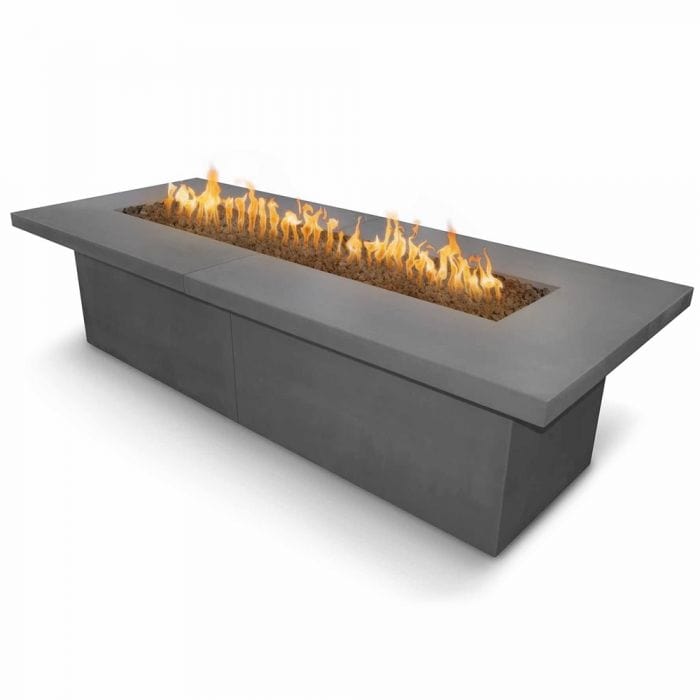 The Outdoor Plus Newport Fire Table Natural Gray Finish with Yellow Flames in White Background