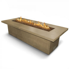The Outdoor Plus Newport Fire Table Brown Finish with Yellow Flames in White Background