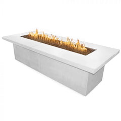 The Outdoor Plus Newport Fire Table White Finish with Yellow Flames in White Background