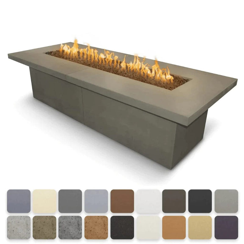 The Outdoor Plus Newport Fire Table with Yellow Flames Available in Different Finishes Displayed in White Background