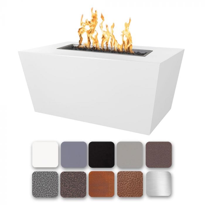 The Outdoor Plus Mesa Fire Pit with Yellow Flames Available in Different Powder Coated Finishes Displayed in White Background