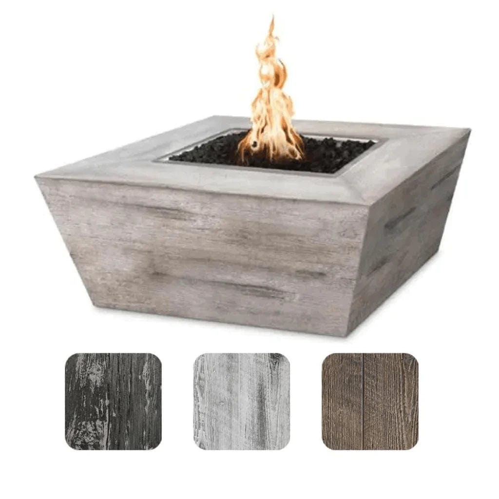 The Outdoor Plus Square Plymouth Wood Grain Fire Pit Available in 3 Different Finishes