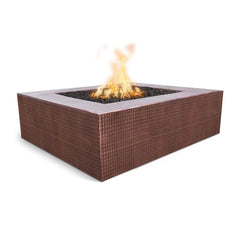 The Outdoor Plus Quad Fire Pit Hammered Copper Finish with Yellow Flames in White Background