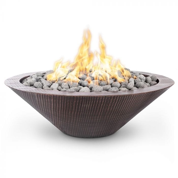 The Outdoor Plus 48-inch Cazo Narrow Ledge Fire Pit Hammered Copper Finish with White Background