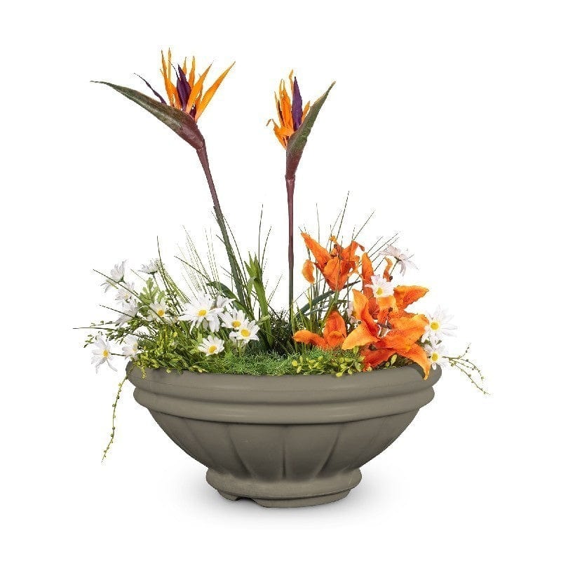 The Outdoor Plus Roma GFRC Concrete Planter Bowl Ash Finish with Plants and Water in White Background