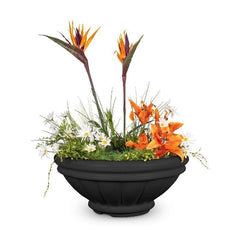 The Outdoor Plus Roma GFRC Concrete Planter Bowl Black Finish with Plants and Water in White Background
