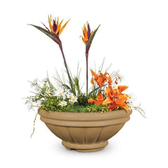 The Outdoor Plus Roma GFRC Concrete Planter Bowl Brown Finish with Plants and Water in White Background