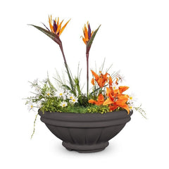 The Outdoor Plus Roma GFRC Concrete Planter Bowl Chestnut Finish with Plants and Water in White Background