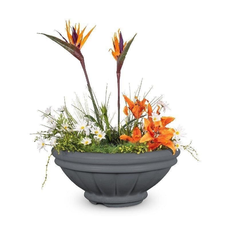 The Outdoor Plus Roma GFRC Concrete Planter Bowl Gray Finish with Plants and Water in White Background