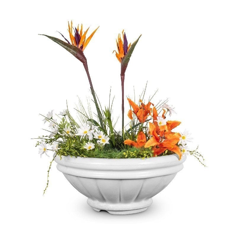 The Outdoor Plus Roma GFRC Concrete Planter Bowl Limestone Finish with Plants and Water in White Background