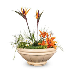 The Outdoor Plus Roma GFRC Concrete Planter Bowl Metaallic Bronze Finish with Plants and Water in White Background