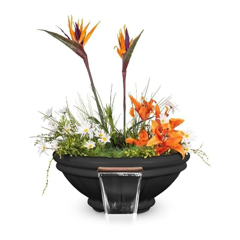 The Outdoor Plus Roma GFRC Concrete Planter and Water Bowl with Plants and Water Black Finish in White Background