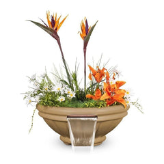 The Outdoor Plus Roma GFRC Concrete Planter and Water Bowl with Plants and Water Brown Finish in White Background