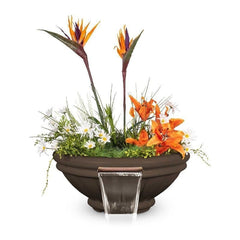 The Outdoor Plus Roma GFRC Concrete Planter and Water Bowl with Plants and Water Chocolate Finish in White Background