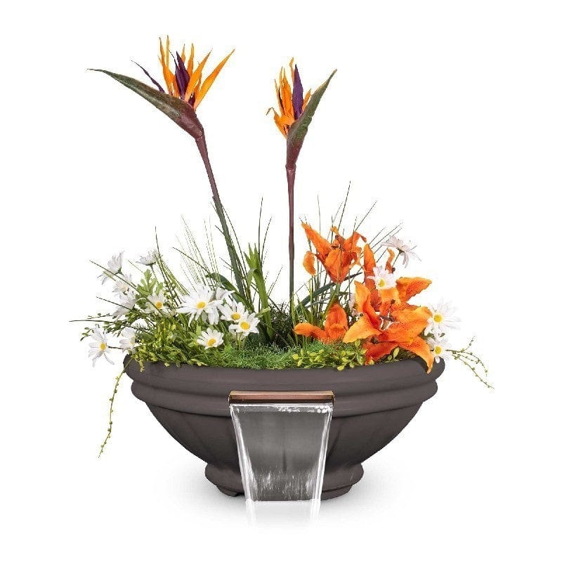 The Outdoor Plus Roma GFRC Concrete Planter and Water Bowl with Plants and Water Chestnut Finish in White Background