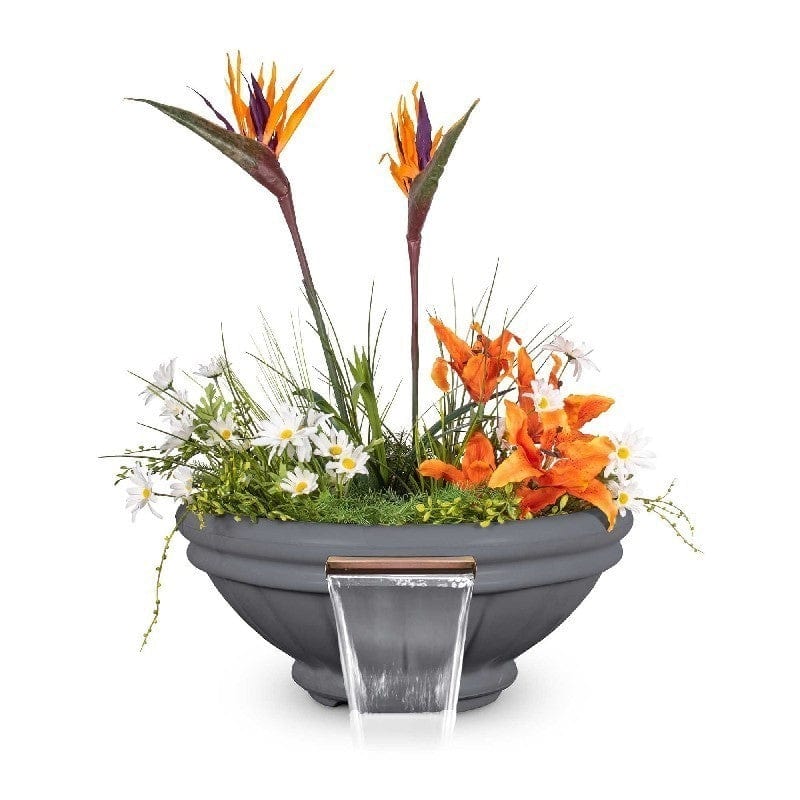 The Outdoor Plus Roma GFRC Concrete Planter and Water Bowl with Plants and Water Gray Finish in White Background