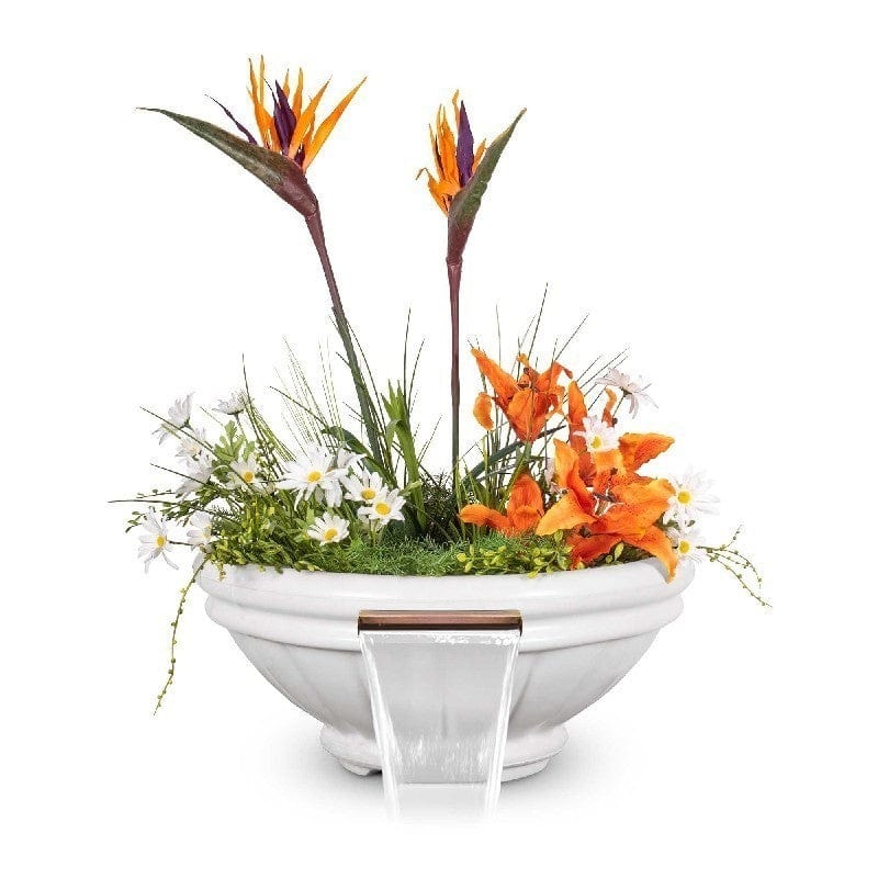 The Outdoor Plus Roma GFRC Concrete Planter and Water Bowl with Plants and Water Limestone Finish in White Background