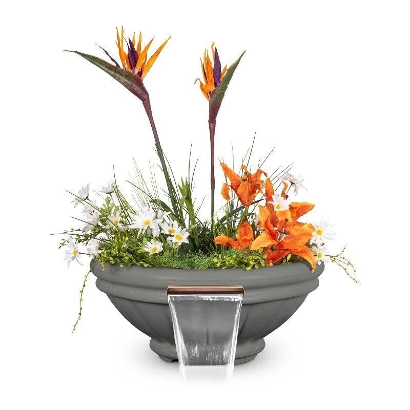 The Outdoor Plus Roma GFRC Concrete Planter and Water Bowl with Plants and Water Natural Gray Finish in White Background