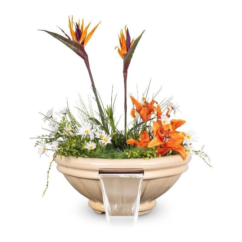 The Outdoor Plus Roma GFRC Concrete Planter and Water Bowl with Plants and Water Vanilla Finish in White Background