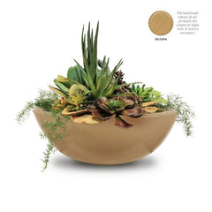 The Outdoor Plus Sedona GFRC Planter Bowl Brown Finish with Plants in White Background