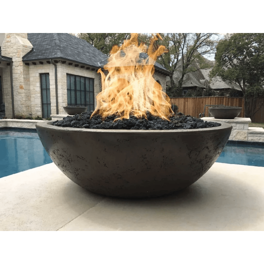 The Outdoor Plus Sedona Concrete Narrow Ledge Fire Pit With Rustic Gray Finish in Outdoor Pool View