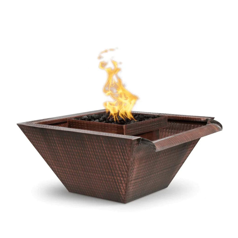 The Outdoor Plus Maya Fire and Wide Gravity Spill Water Bowl Hammered Copper Finish with White Background