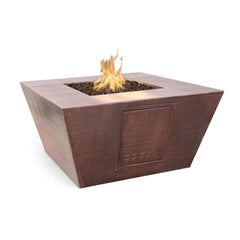 The Outdoor Plus Redan Hammered Copper Fire Pit with Stone Media and Yellow Flame in White Background