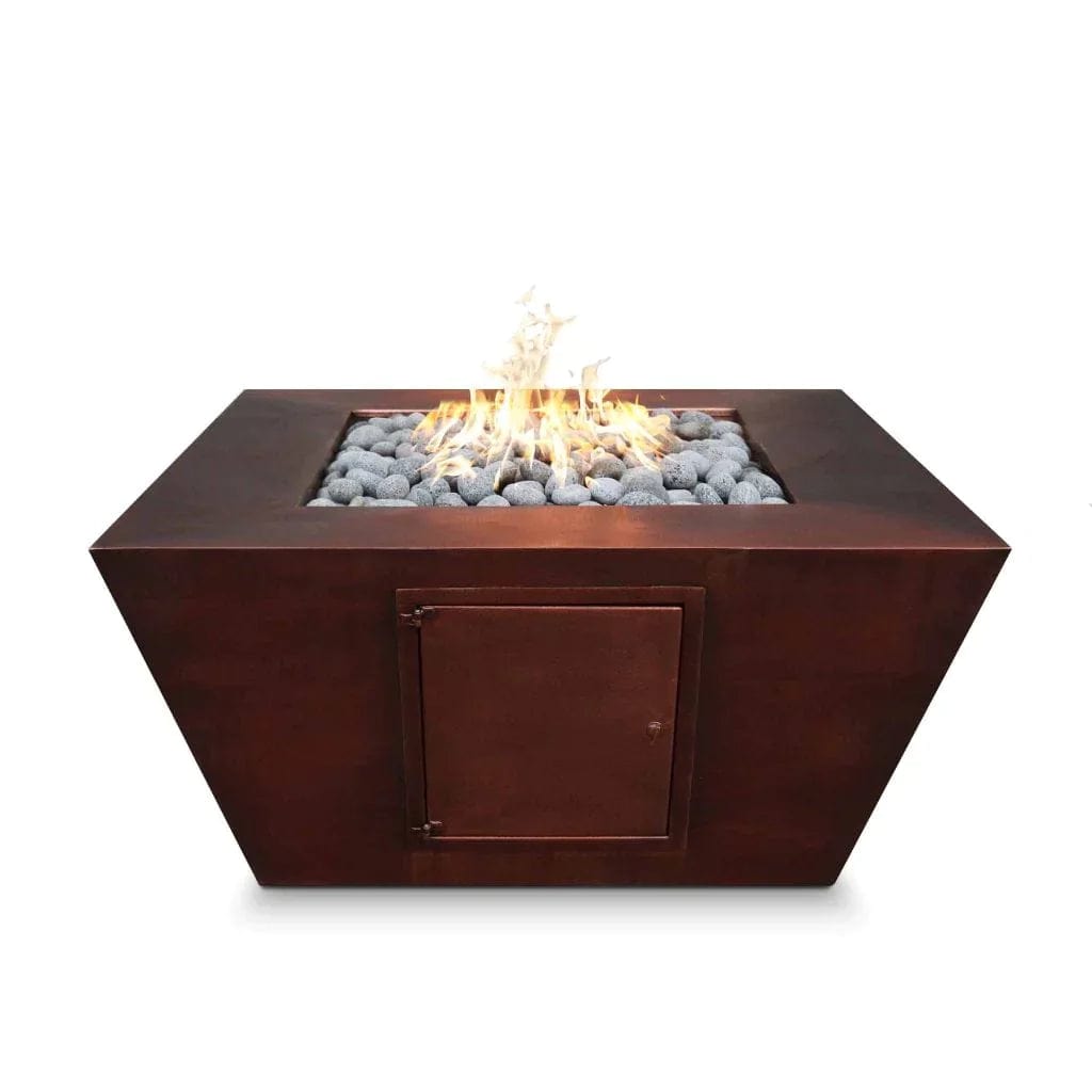 The Outdoor Plus Redan Hammered Copper Fire Pit with Stone Media and Yellow Flame in White Background