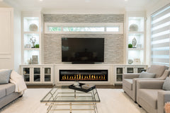 Modern Flames Orion Slim Fireplace Set on the Living Area with TV on Top