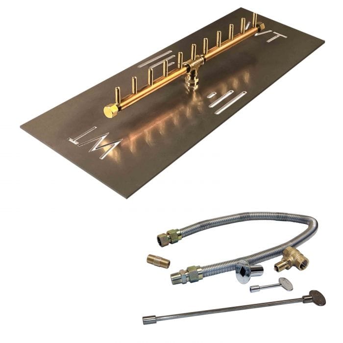 Warming Trends Crossfire Linear Brass Firepit Burner Kit with Rectangular Plate available in different sizes