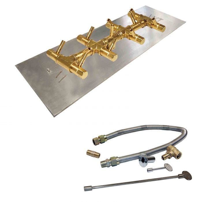 Warming Trends Crossfire Tree-Style Brass Gas Fire Pit Burner Kit CFBT110 with Rectangular Stainless Steel Plate and Flex Line Kit in White Background