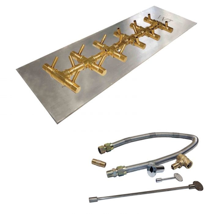 Warming Trends Crossfire Tree-Style Brass Gas Fire Pit Burner Kit CFBT170 with Rectangular Stainless Steel Plate and Flex Line Kit in White Background