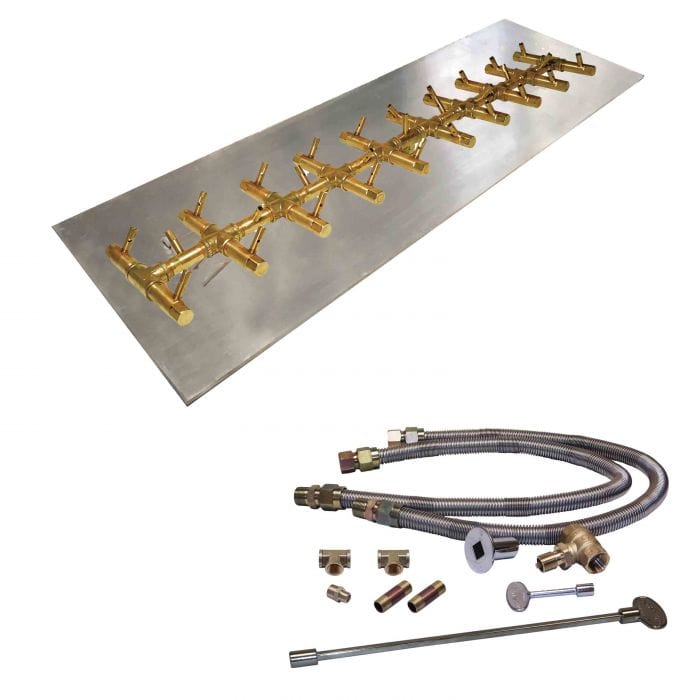 Warming Trends Crossfire Tree-Style Brass Gas Fire Pit Burner Kit CFBT290 with Rectangular Stainless Steel Plate and Dual Flex Line Kit in White Background