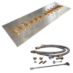 Warming Trends Crossfire Tree-Style Brass Gas Fire Pit Burner Kit CFBT350 with Rectangular Stainless Steel Plate and Dual Flex Line Kit in White Background