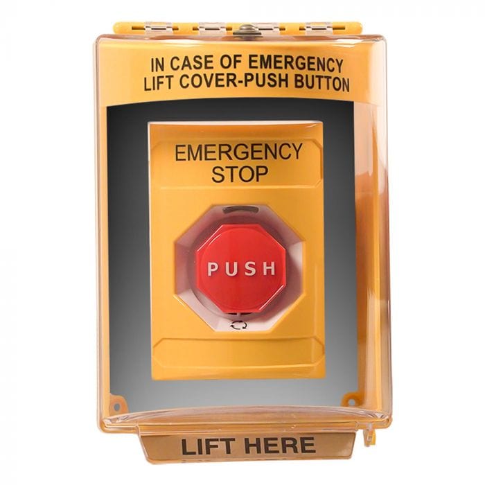Warming Trends Emergency Stop Push Button with Weather Proof Lift Cover in White Background