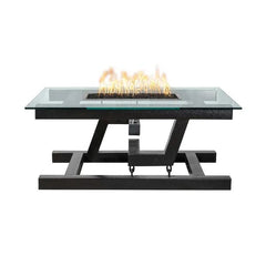 The Outdoor Plus Newton Powder Coated Floating Appearance Fire Pit with Yellow Flames in White Background