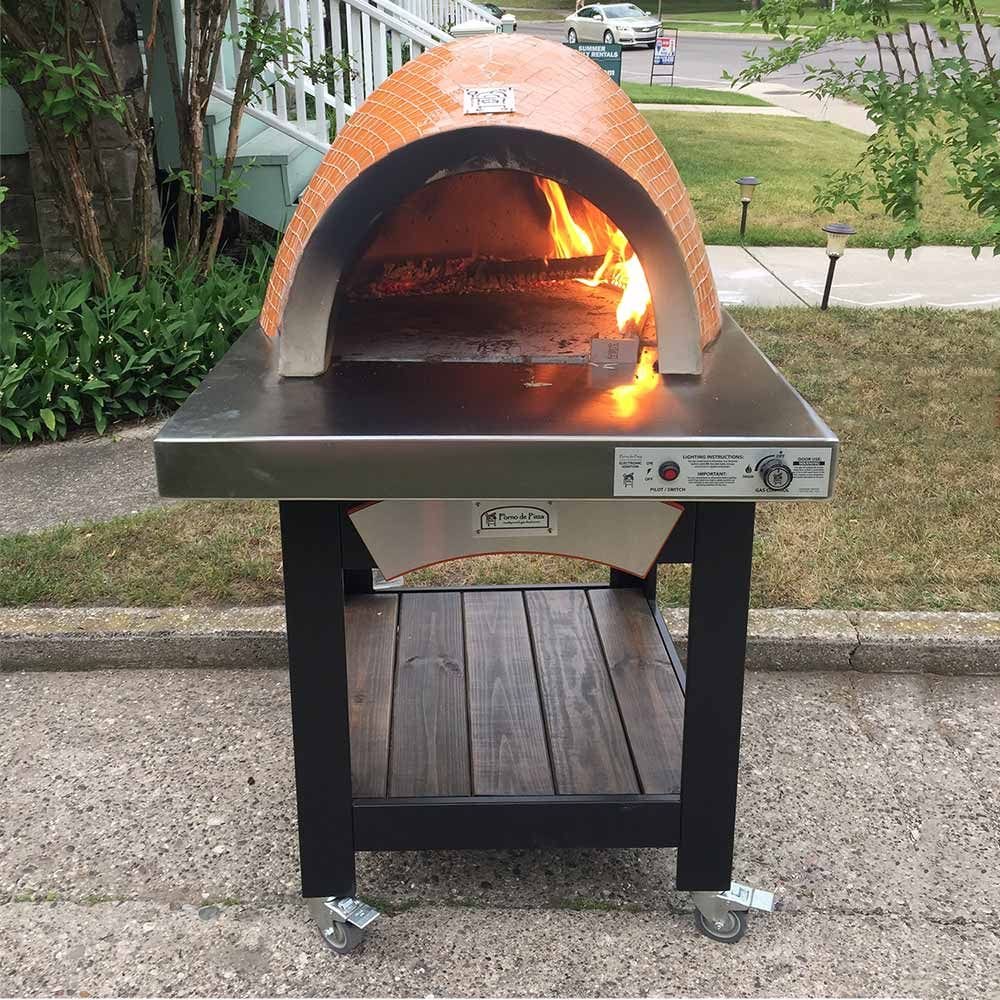HPC Fire Forno Hybrid Gas/Wood Glass Tile Pizza Oven with Electronic Ignition on Cart