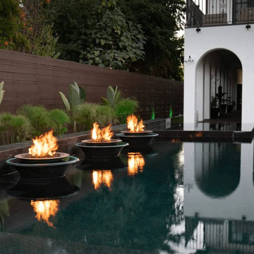 The OUtdoor Plus Cazo Fire and Water Bowl Copper Finish in the Pool View
