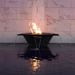 The Outdoor Plus Cazo Fire and Water Bowl Hammered Copper Finish Night View with Spill Water