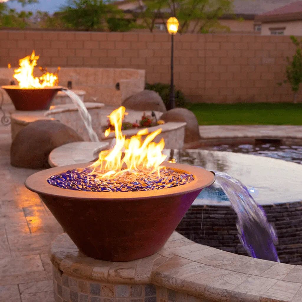 The Outdoor Plus Cazo Fire and Water Bowl Powder Coated View in the Side of Pool