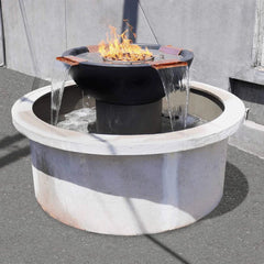The Outdoor Plus Sedona GFRC Fire and Water Bowl - 4 Way Spill in White Round Fountain Base
