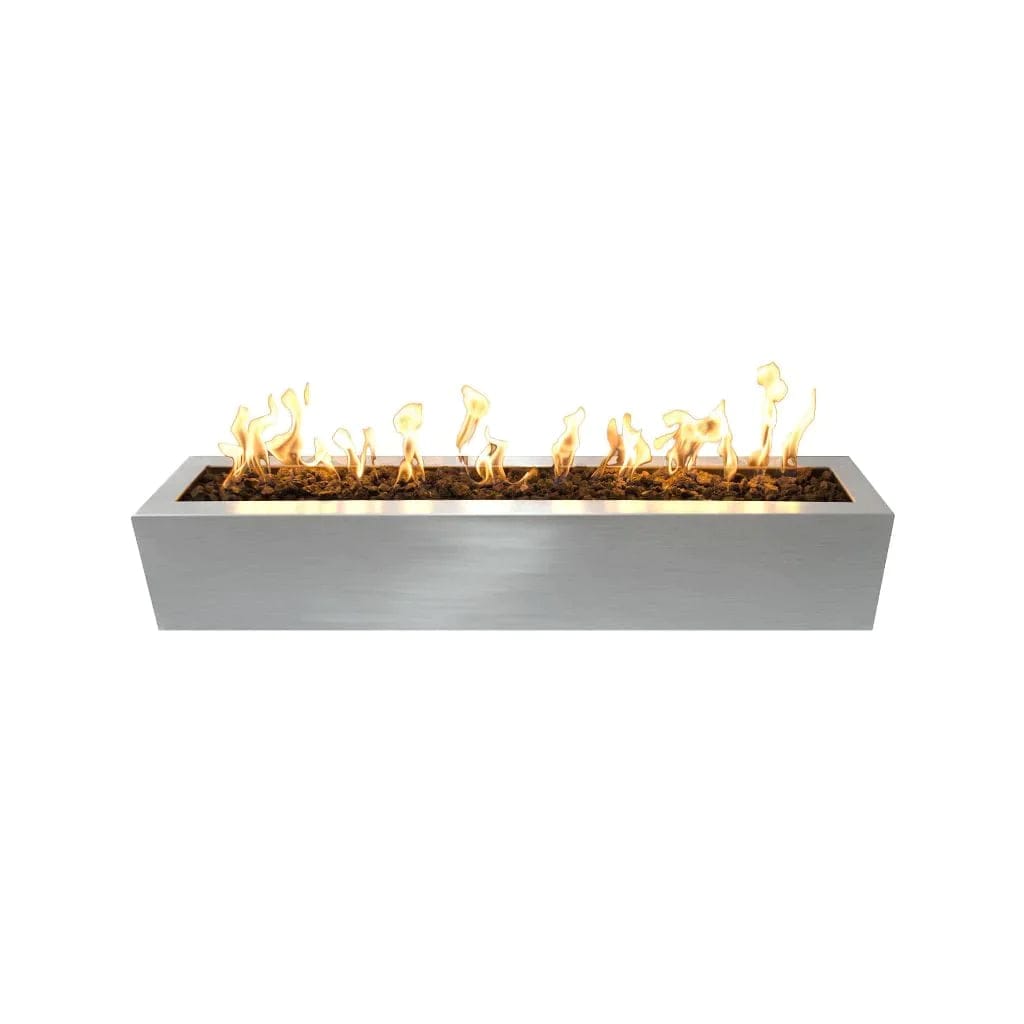 The Outdoor Plus Eaves Fire Pit Stainless Steel Finish with White Background