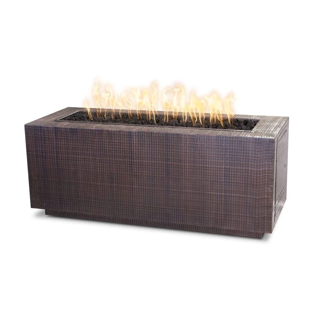 The Outdoor Plus Pismo Fire Pit Hammered Copper Finish with Yellow Flames in White Background