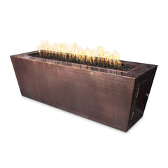 The Outdoor Plus Mesa Fire Pit Hammered Copper Finish with Yellow Flames in White Background